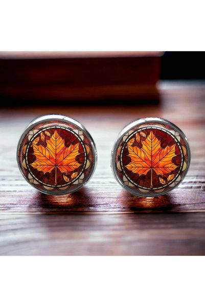 Choice silver Vintage Maple Leaves Glass Cufflinks Silver Plated Metal Cuff L...