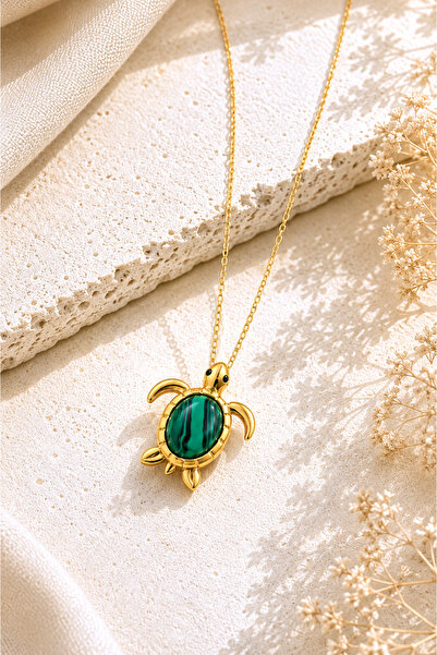 Spossy Silver Jewelry 925 Ayar Gümüş Gold Kaplamalı Yeşil Malakit Taşlı Kaplu...