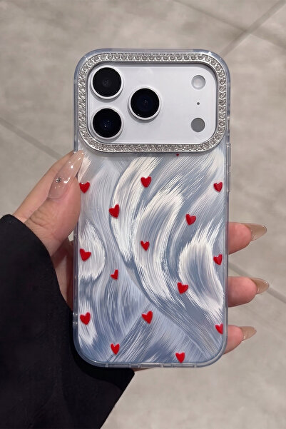 KVK PRİVACY iPhone 17 Pro Max Kırmızı Kalpli Kılıf Taşlı Kamera Çerçeveli Est...