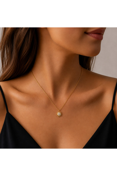 Masios Silver Zirkon Taşlı Gold Renk Işıltılı Güneş Model 925 Ayar Gümüş Kolye