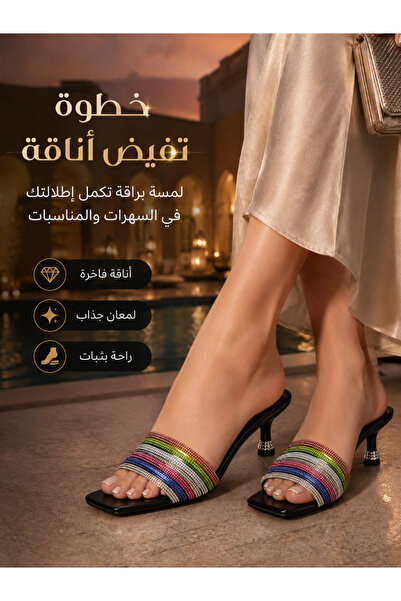 Generic Brand Women's Iridescent Crystal Strap Square Toe Thin Heel House Sli...