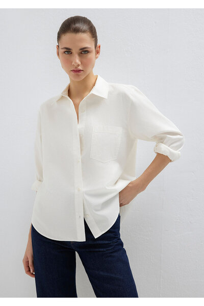 Mavi Cepli Ekru Gömlek Loose Fit / Bol Rahat Kesim 1211434-70057