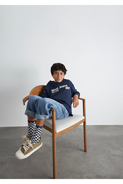 Mavi Marineblaues Sweatshirt mit Kapuze und Jeans-Print 6S10141-82318
