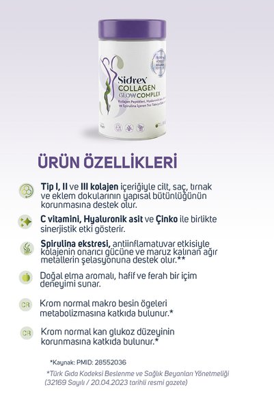 SIDREX Collagen Glow Complex - Powdered Collagen Containing Types 1, 2 and 3 Collagen Peptides and Spirulina 330Gr