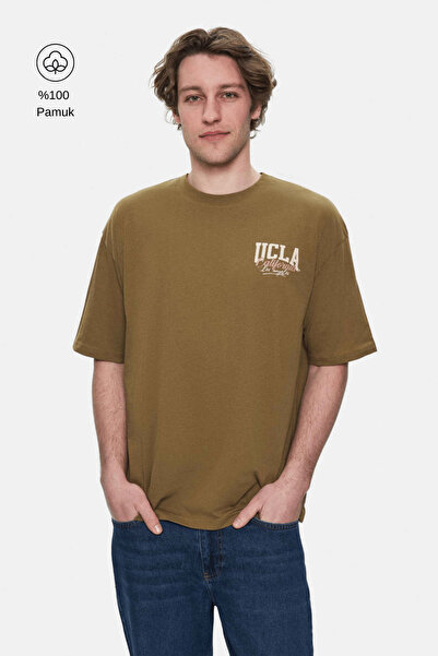 UCLA ASPEN Koyu Yeşil Bisiklet Yaka Baskılı %100 Pamuk Oversize Erkek Tshirt