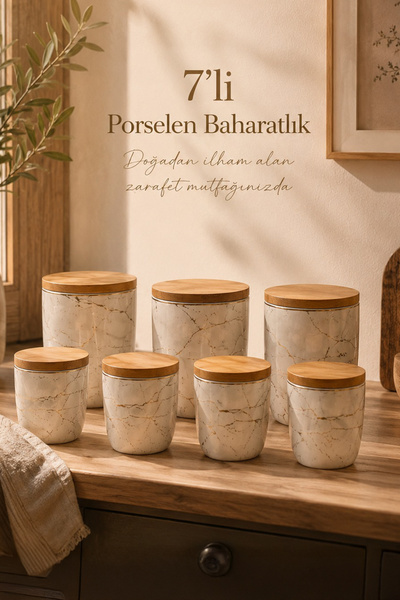 Porsima PXM2673-7/S Marble 7 Parça Bambu Vakum Kapaklı Porselen Baharat Takım...