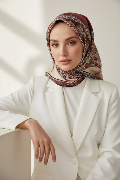 Vissona %100 Twill İpek Şal Desenli Bordo Renkli 90x90 Eşarp Dikim Şekli : El...