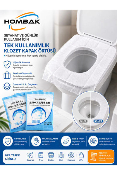 Hombak 50 Adet Tek Kullanımlık Klozet Kapak Örtüsü – Hijyenik, Su Geçirmez, T...