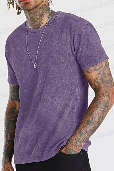 Millionaire Men's Purple Regular Acid Washed Vintage Effect Dyed T-Shirt