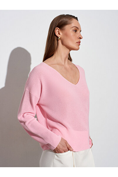 Dilvin 10869 Πουλόβερ με λαιμόκοψη V-σχήματος - Ροζ σκόνης