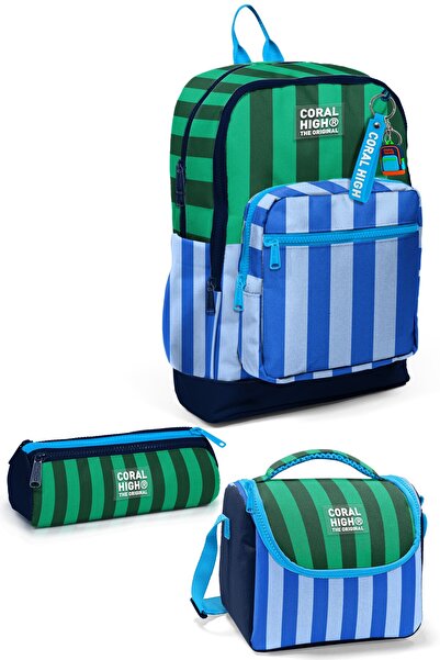 Coral High Kids Mavi Yeşil Çizgi Desenli 3 lü Okul Sırt Çanta Seti SET0133211