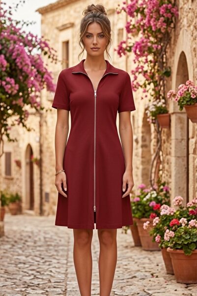 Ded COLLECTION Γυναικείο κοντομάνικο φόρεμα με διπλό φερμουάρ Mini Modal