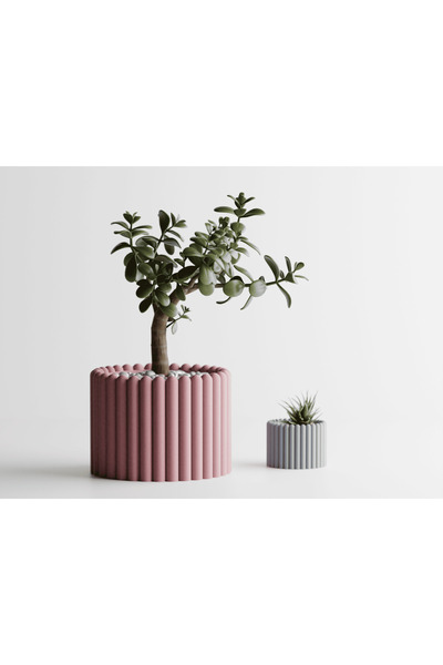 Tasarım Rounded Dekoratif Saksı - Pembe Çubuklu Modern Saksı 5cm