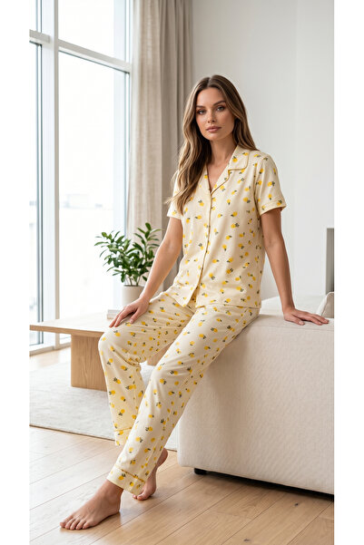 Asluna Kadın Sarı Desenli Pijama Takımı Kısa Kollu Yazlık Rahat Alt Üst