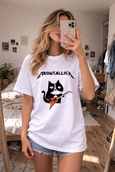 AYDESİGN Μπλουζάκι Metallica με στάμπα γάτας και λευκό λαιμόκοψη