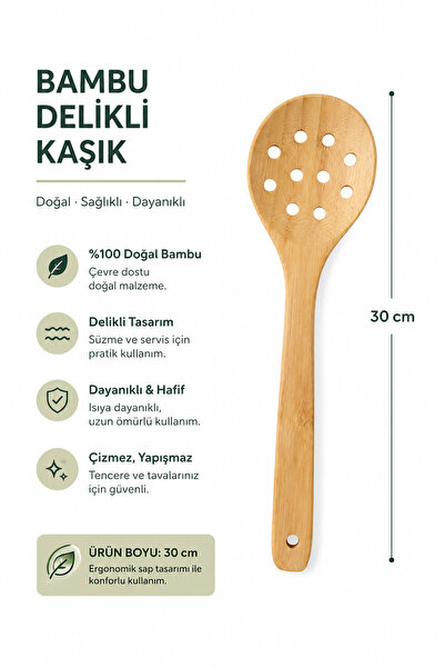 BYTA 30 cm Bambu Delikli Kaşık – Doğal, Çizmez, Dayanıklı Mutfak Kaşığı
