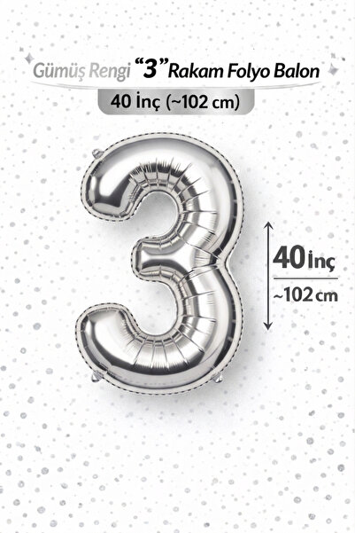 Folyo Balon 40 inç Gümüş Silver Renk "3" Rakamı Numarası 102 cm Doğum Günü Parti Balonu