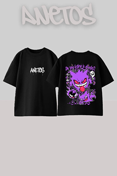 Anetos تي شيرت قطني أسود كبير الحجم بتصميم Gengar Gang مطبوع على الظهر