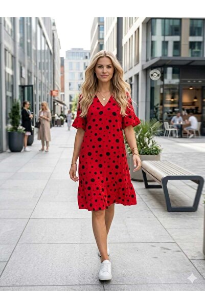 Asel Γυναικείο υφαντό υφασμάτινο φόρεμα με κόκκινα πουά και κοντά μανίκια