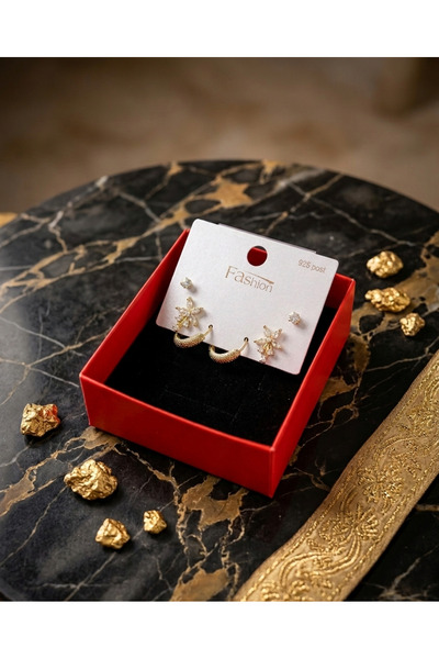 ZEYN BİJUTERİ VIP Gold 6'lı Küpe Seti - 925 Ayar Gümüş Postlu Çiçek ve Dorika...