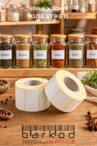 Barkodonline 60x30mm. Kuşe Evde Kullanım İçin İdeal Kavanoz Tarih Baharat Eti...