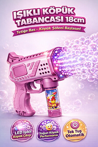 happynesc Pilli LED Işıklı Otomatik Köpük Tabancası 18cm – Bubble Gun Yoğun K...