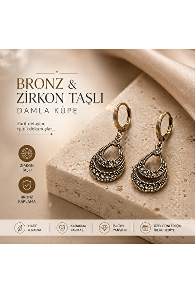 BULU'US ACCESSORIES Bronz Kaplama Zirkon Taşlı Damla Model Küpe | Vintage Şık...