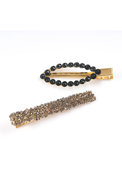 meli melo Set 2 agrafe par elegante cu strasuri negre si cristale aurii