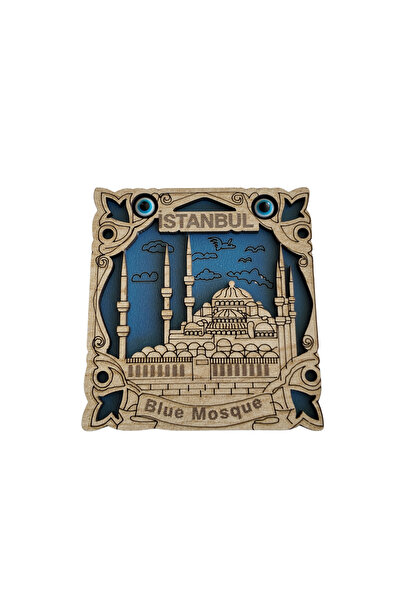 İstanbul Blue Mosque Temalı Nazar Boncuklu Ahşap Magnet – 3 Boyutlu Katmanlı Dekoratif Hediyelik