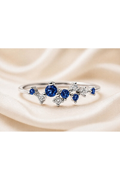 Cecile Jewellery Safir Star Gümüş Yüzük, 925 Ayar Zirkon Safir Gümüş Yüzük