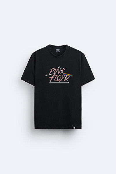 AYDESİGN تي شيرت أسود مطبوع عليه Pink Floyd برقبة دائرية