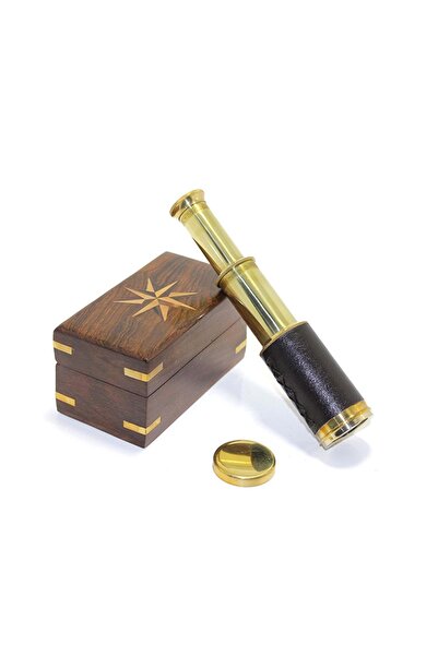 Store Ahşap Kutulu Pirinç Dürbün 17x3 Cm Denizci Tasarım Vintage Dekoratif Obje