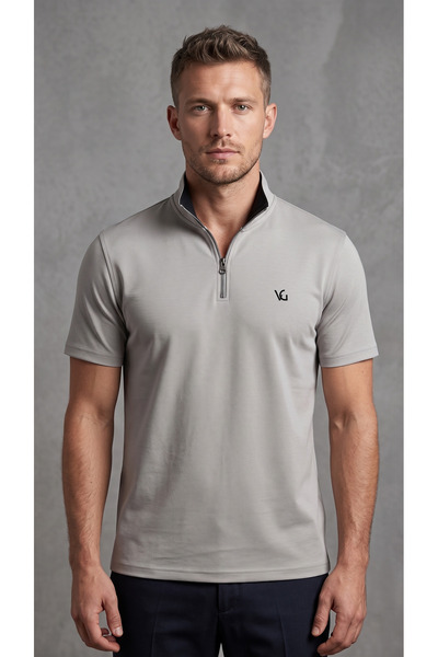 Vagon Moda Evi Kompakt Kumaş Hakim Dik Yaka T-Shirt Garnili Çift Renk Fermuar...