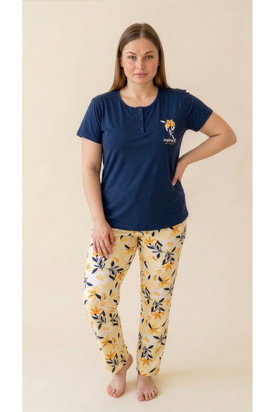 Arzey Navy Blue Lace Collar Detailed Viscose Short Sleeve Plus Size Pajama Set