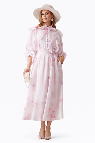 Fofy Compleu spectaculos din organza roz fusta midi si bluza cu nasturi cristal