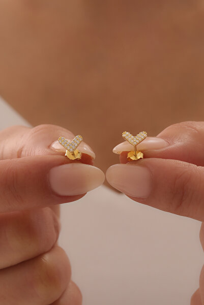SUNSHINE 925 Ayar Gold Kaplamalı Kalpli Taşlı Minimal Gümüş Küpe
