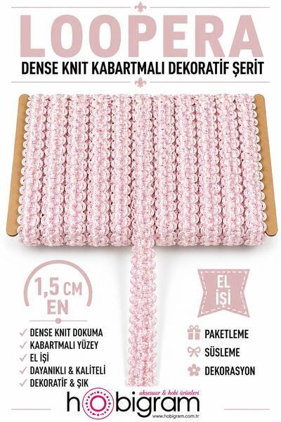 Hobigram Açık Pudra Loopera Dense Knit Kabartmalı Dekoratif Şerit – Premium E...