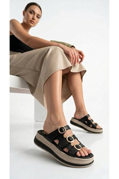 Lidora Women's Black 3-Stripe Buckle High-Sole Slippers Ayk1064