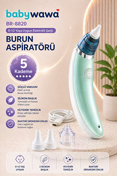 babywawa BR-8820 0-12 Yaş Şarjlı Bebek Burun Aspiratörü – 5 Kademe Güçlü Vakum