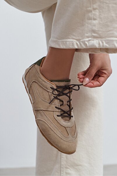 NİŞANTAŞI SHOES Velory Rome Bej İç-Dış Hakiki Süet Deri Arka Yeşil Detay Bağc...