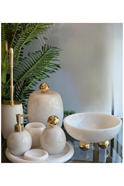 ege gross DEKORATİF DOĞAL BEYAZ OVAL MERMER 7 PARÇA GOLD DİSKO TOP BANYO SETİ...