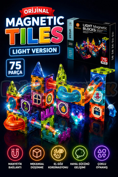 Doğan Oyuncak Dünyası Orijinal Magnetic Tiles Light Version 75 Parça Işıklı M...
