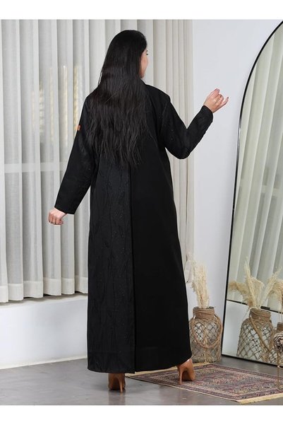 MyesuQ Black Abaya with Turn-Down Collar and Mesh Fabric on the Collar, Sleeves, and Back, Black