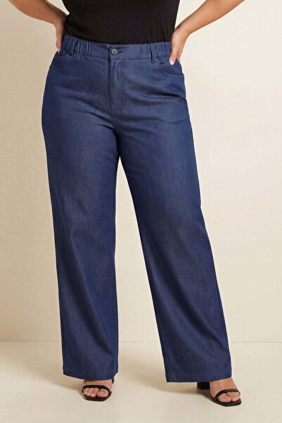 RMG Elastic Waist Denim Look Women's Plus Size Fabric Trousers Blue
