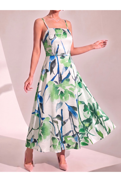 mass fashion Γυναικείο κομψό φόρεμα με σχέδια και τιράντες