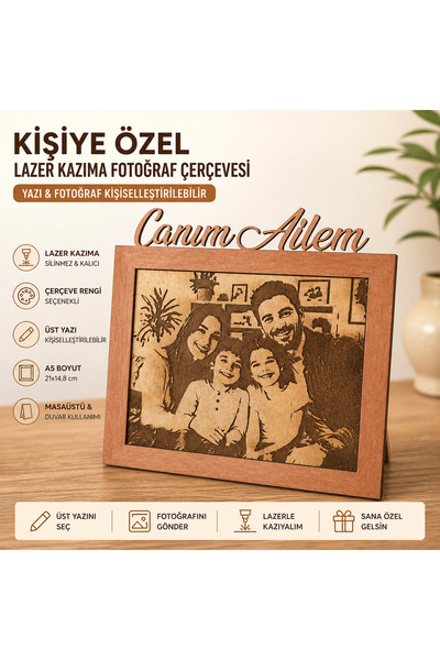Kutup Yıldızı Tasarım Atölyesi Kişiye Özel Ahşap Fotoğraf Çerçevesi A5 Lazer ...