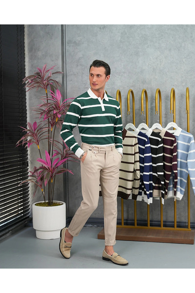 MODEFENDİ Cotton Lycra Slim Fit Knitted Horizontal Pattern Collar Stripe Deta...