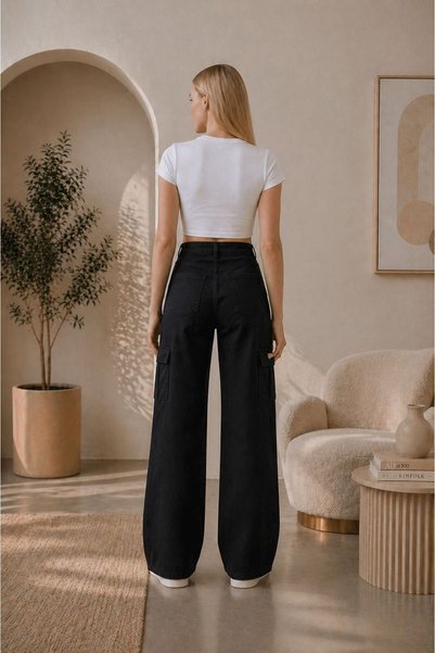 Rosita Women's High Waist Full Lycra Cargo Pocket Wide Leg Jeans