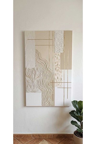 Nart Modern Dokulu Kabartmalı Tablo - Bej Bej & Gold Detaylı