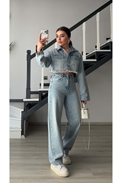Oslove Light Blue Stoned Wide Leg Jean
